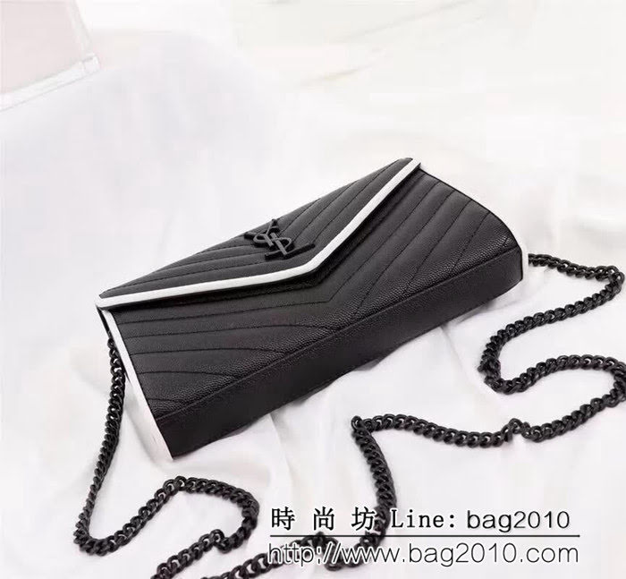 YSL聖羅蘭 黑白配魚子醬牛皮V紋刺繡 鏈條單肩斜挎包 26813 YAS1039